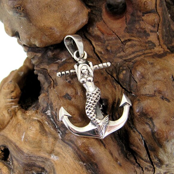 Solid 925 Sterling Silver Mermaid Anchor Pendant - Atargatis Sea Goddess Charm - Picture 4 of 10